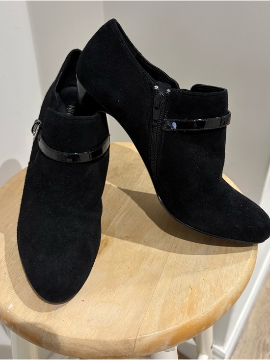 Nine West Shoes - Nine West Black Suede Ankle Booties with Patent Strap